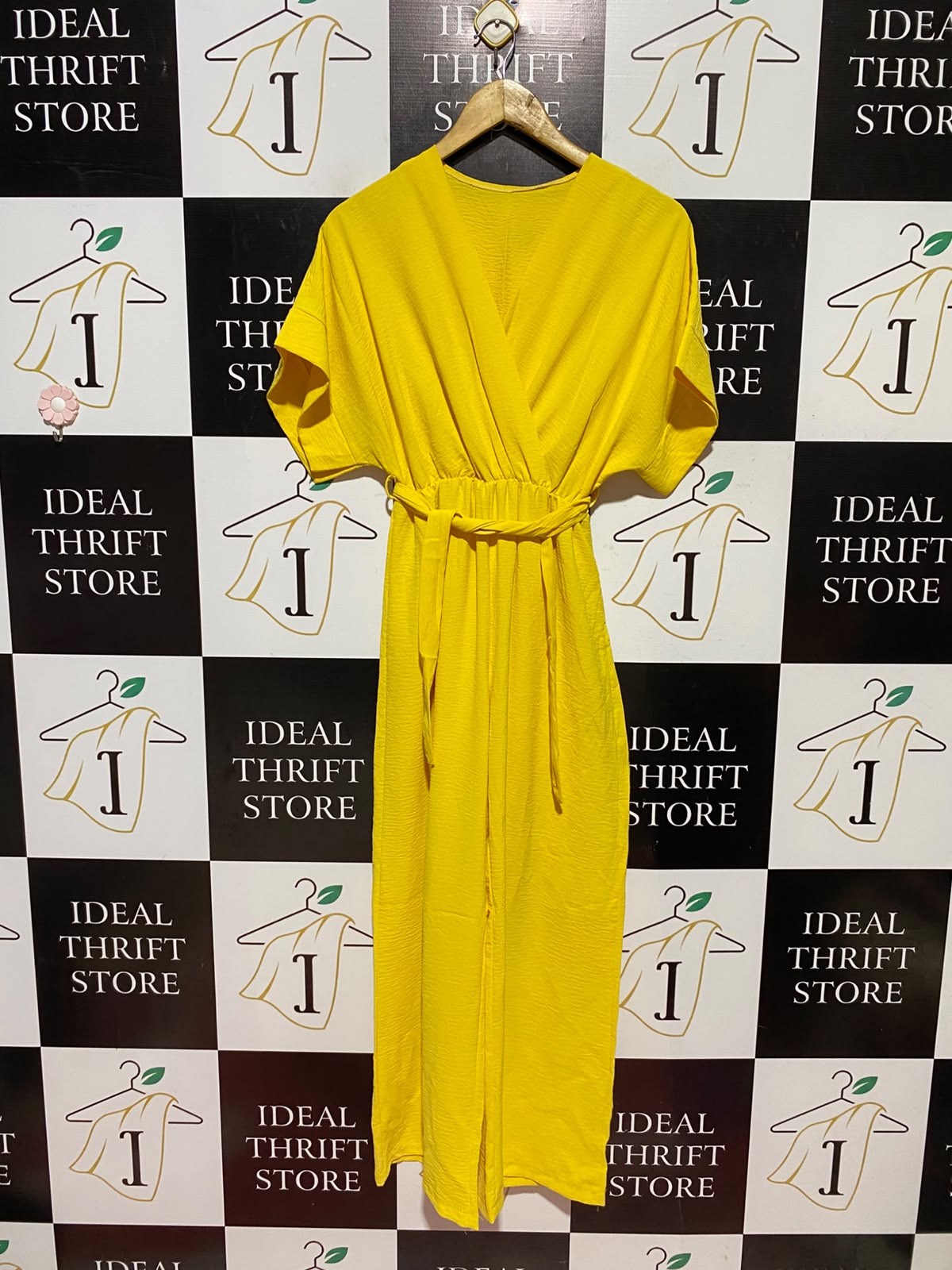 |M| BUST FREE| A11| V-NECK SHORT SLEEVE BELTED JUMPSUIT - BRIGHT YELLOW