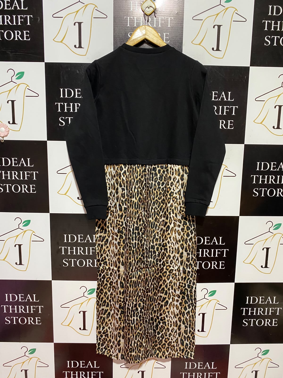 RIVER ISLAND |M| BUST 19| A11| LEOPARD PRINT 2-IN-1 SWEATSHIRT MIDI DRESS - BLACK