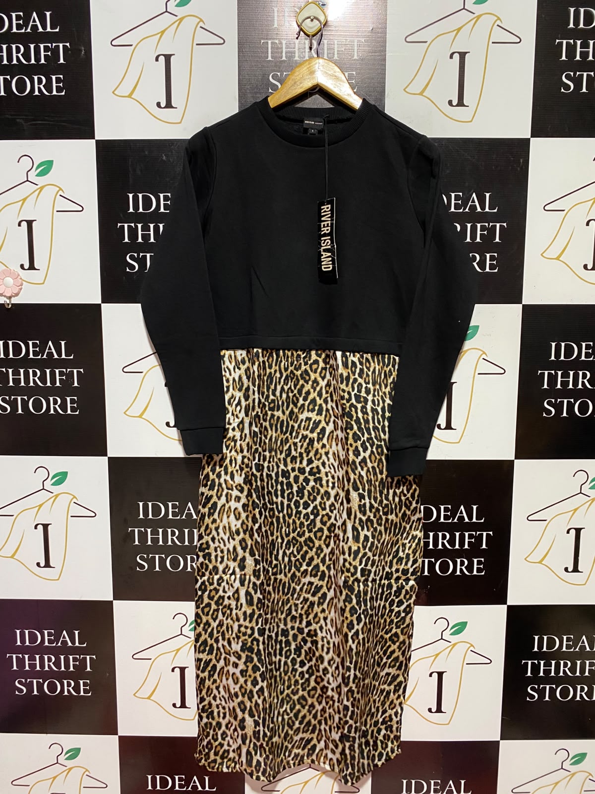RIVER ISLAND |M| BUST 19| A11| LEOPARD PRINT 2-IN-1 SWEATSHIRT MIDI DRESS - BLACK