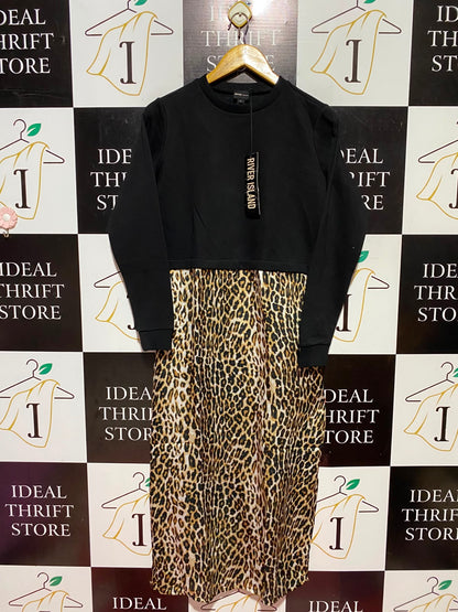 RIVER ISLAND |M| BUST 19| A11| LEOPARD PRINT 2-IN-1 SWEATSHIRT MIDI DRESS - BLACK