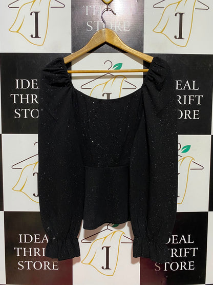 QUIZ |M| BUST 18| A11| LACE-UP FRONT GLITTER PEPLUM TOP - BLACK