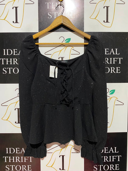 QUIZ |M| BUST 18| A11| LACE-UP FRONT GLITTER PEPLUM TOP - BLACK