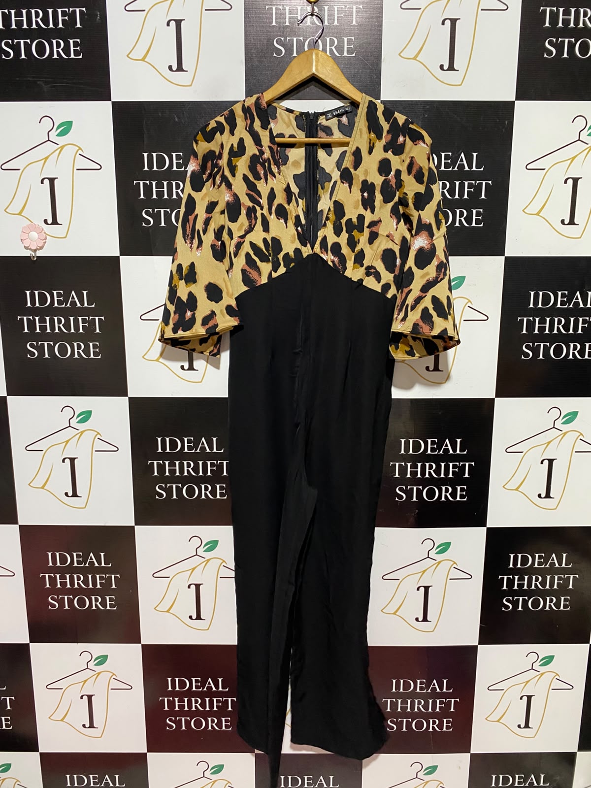SHEIN |S| BUST 17| A11| LEOPARD PRINT V-NECK COLORBLOCK JUMPSUIT - BLACK & GOLD