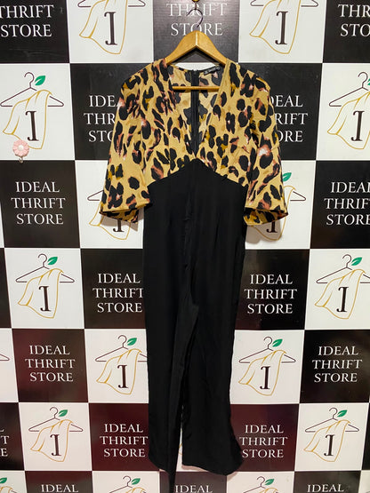 SHEIN |S| BUST 17| A11| LEOPARD PRINT V-NECK COLORBLOCK JUMPSUIT - BLACK & GOLD