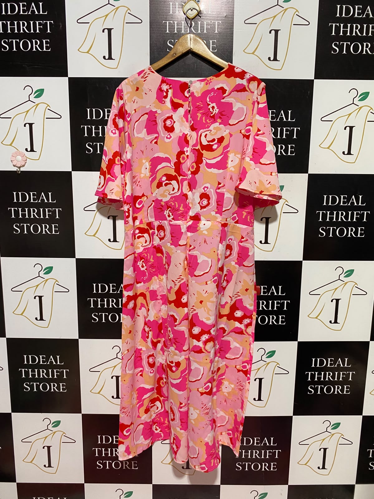 STELLA MORGAN |XL| BUST 22| A11| VIBRANT FLORAL PRINT SHORT SLEEVE MIDI DRESS - PINK & ORANGE