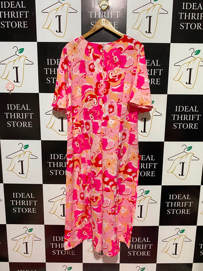 STELLA MORGAN |XL| BUST 22| A11| VIBRANT FLORAL PRINT SHORT SLEEVE MIDI DRESS - PINK & ORANGE