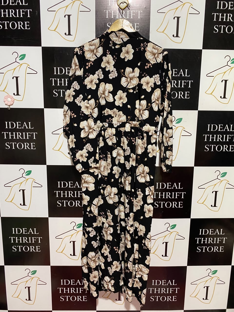 AF |XL| BUST 21| A11| FLORAL PRINT LONG SLEEVE BUTTON-DOWN MAXI DRESS - BLACK & BEIGE