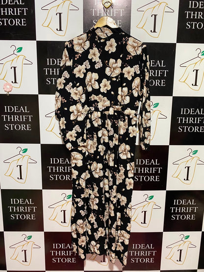 AF |XL| BUST 21| A11| FLORAL PRINT LONG SLEEVE BUTTON-DOWN MAXI DRESS - BLACK & BEIGE