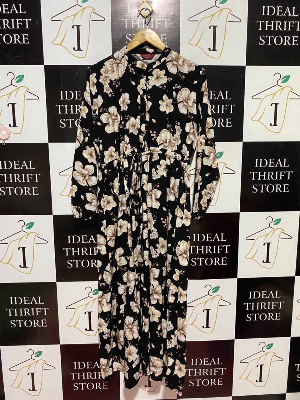 AF |XL| BUST 21| A11| FLORAL PRINT LONG SLEEVE BUTTON-DOWN MAXI DRESS - BLACK & BEIGE