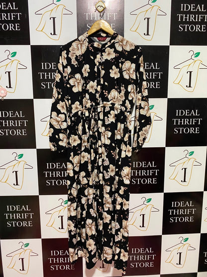 AF |XL| BUST 21| A11| FLORAL PRINT LONG SLEEVE BUTTON-DOWN MAXI DRESS - BLACK & BEIGE