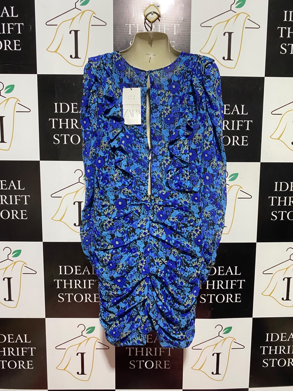 ZARA |XL| BUST 19| A11| FLORAL PRINT RUCHED RUFFLE MINI DRESS - BLUE