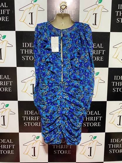 ZARA |XL| BUST 19| A11| FLORAL PRINT RUCHED RUFFLE MINI DRESS - BLUE