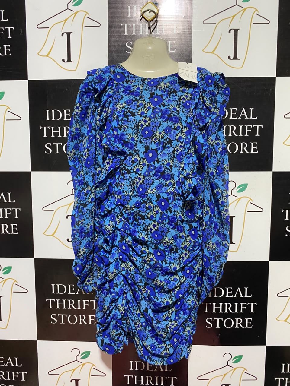 ZARA |XL| BUST 19| A11| FLORAL PRINT RUCHED RUFFLE MINI DRESS - BLUE