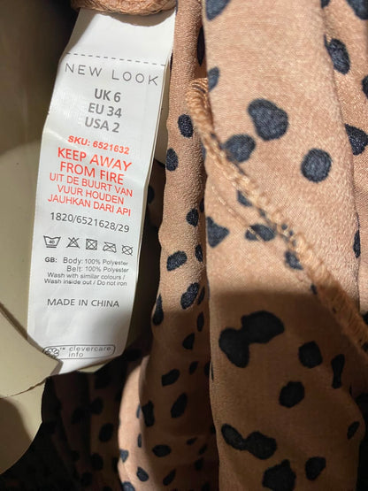 NEW LOOK |S| BUST FREE| A11 | POLKA DOT PLEATED BELTED MAXI DRESS - TAN / BEIGE