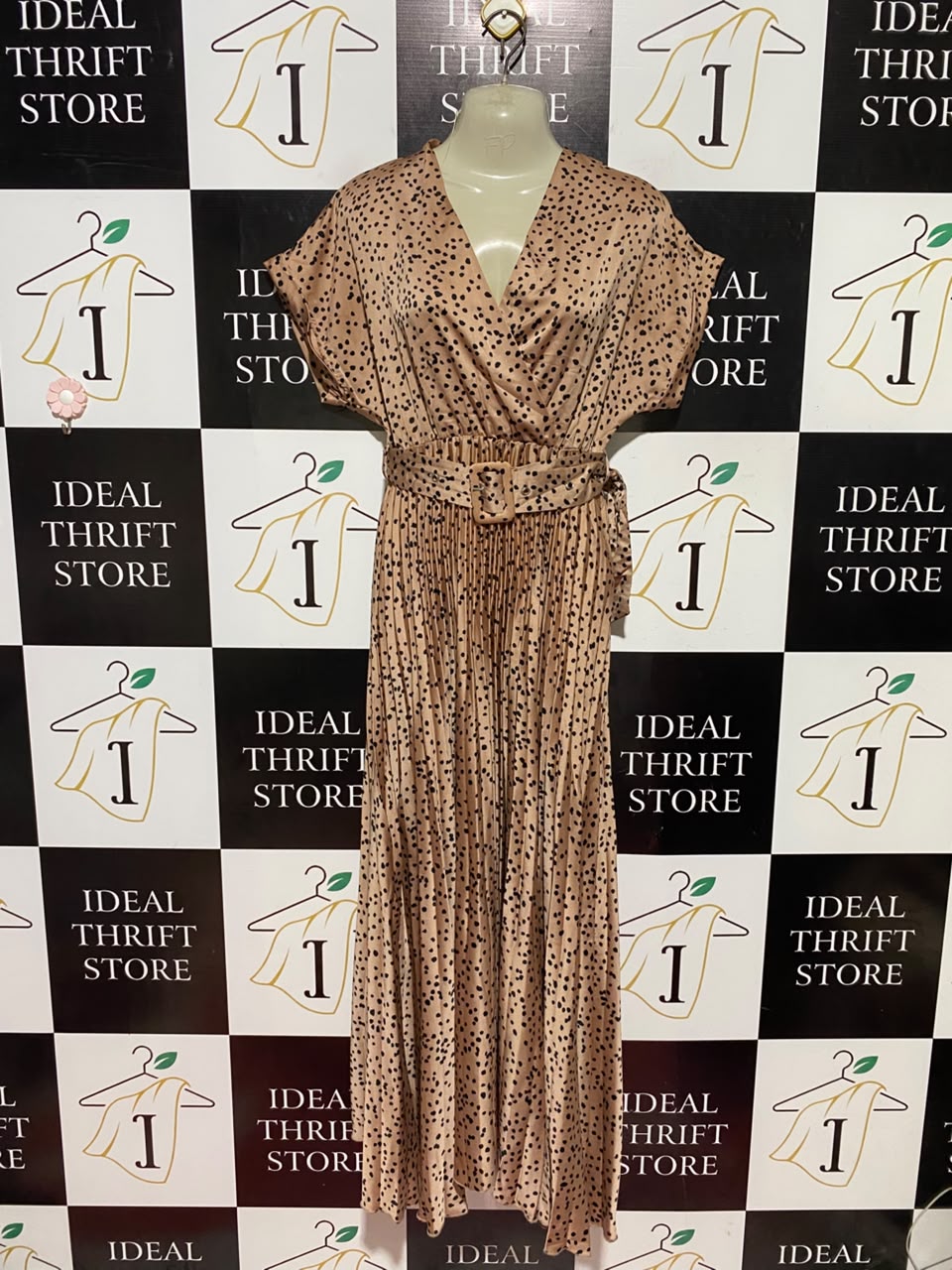 NEW LOOK |S| BUST FREE| A11 | POLKA DOT PLEATED BELTED MAXI DRESS - TAN / BEIGE