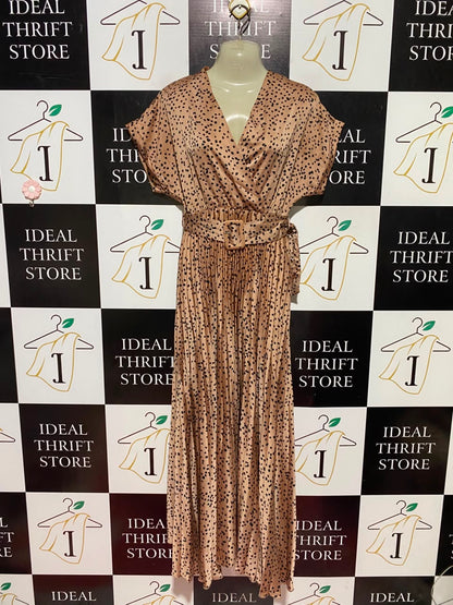 NEW LOOK |S| BUST FREE| A11 | POLKA DOT PLEATED BELTED MAXI DRESS - TAN / BEIGE