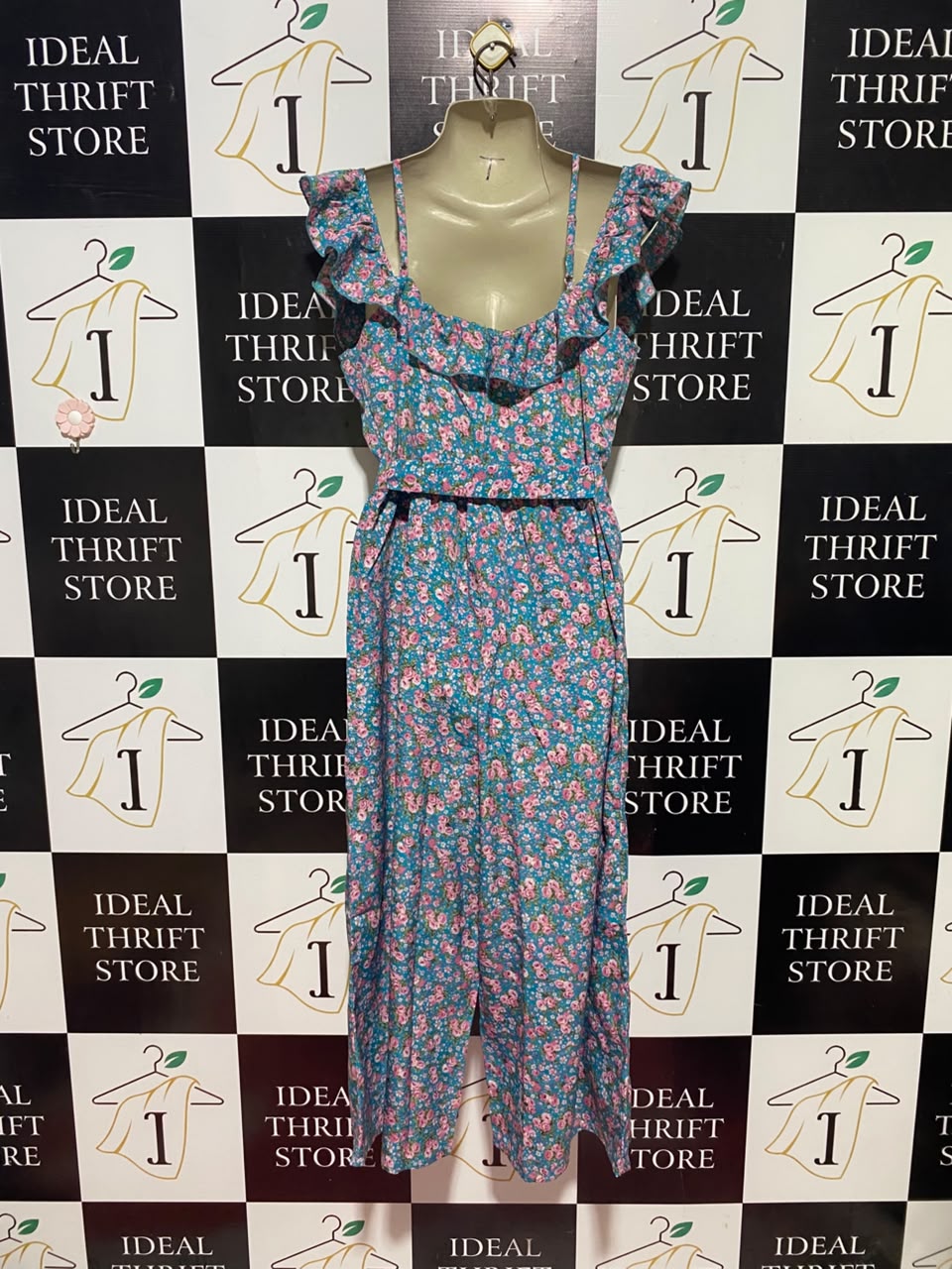 BOOHOO |M| BUST 17| A11| FLORAL PRINT OFF-SHOULDER BELTED JUMPSUIT - TEAL / TURQUOISE