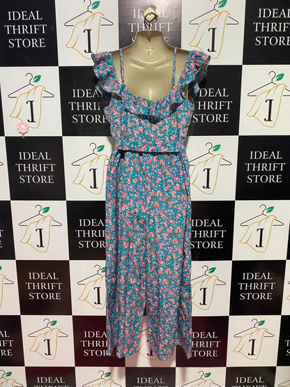 BOOHOO |M| BUST 17| A11| FLORAL PRINT OFF-SHOULDER BELTED JUMPSUIT - TEAL / TURQUOISE
