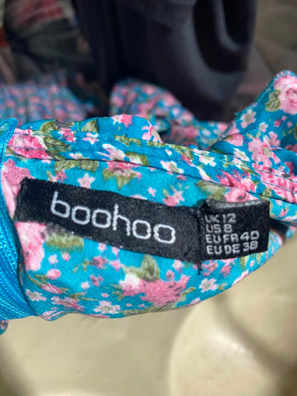 BOOHOO |M| BUST 17| A11| FLORAL PRINT OFF-SHOULDER BELTED JUMPSUIT - TEAL / TURQUOISE