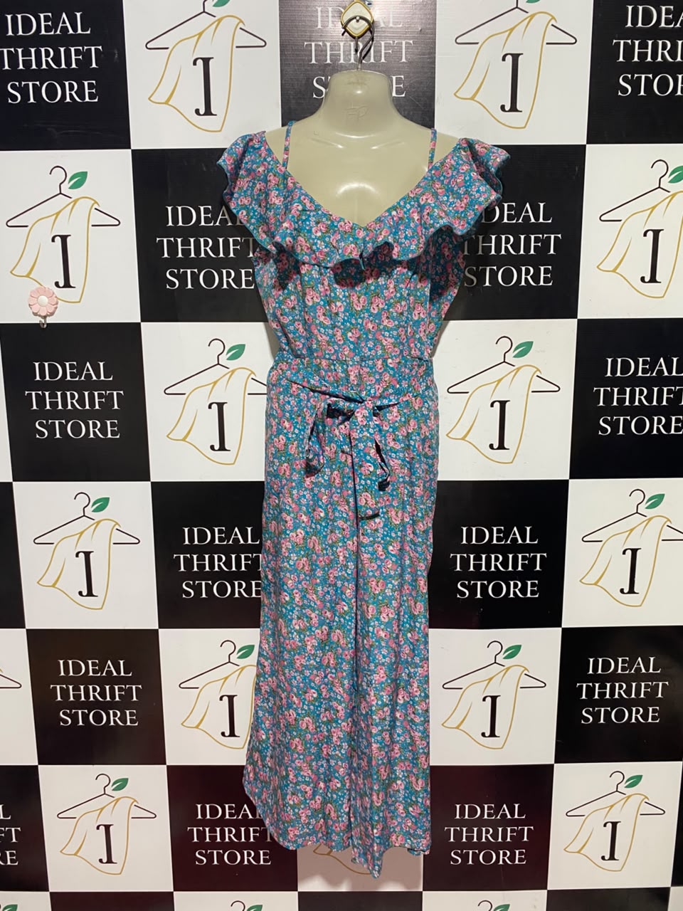BOOHOO |M| BUST 17| A11| FLORAL PRINT OFF-SHOULDER BELTED JUMPSUIT - TEAL / TURQUOISE