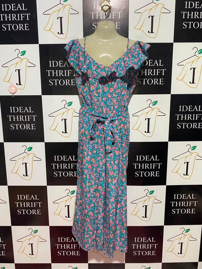 BOOHOO |M| BUST 17| A11| FLORAL PRINT OFF-SHOULDER BELTED JUMPSUIT - TEAL / TURQUOISE