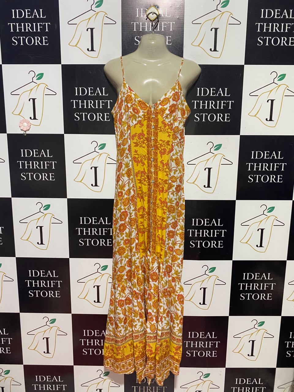 BLUE VANILLA |M| BUST 19| A11| BOHEMIAN FLORAL PRINT BUTTON-FRONT CAMI MAXI DRESS - YELLOW & ORANGE