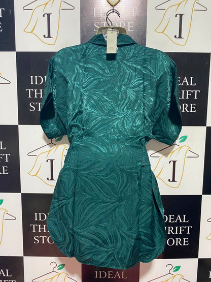 RIVER ISLAND |S| BUST FREE| A11| SHIMMER TEXTURED BELTED BUTTON-DOWN SHIRT - EMERALD GREEN