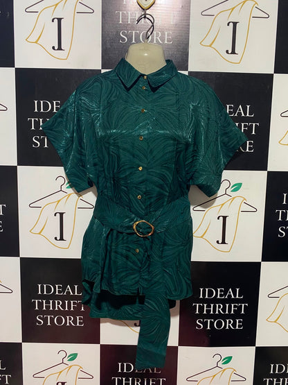 RIVER ISLAND |S| BUST FREE| A11| SHIMMER TEXTURED BELTED BUTTON-DOWN SHIRT - EMERALD GREEN