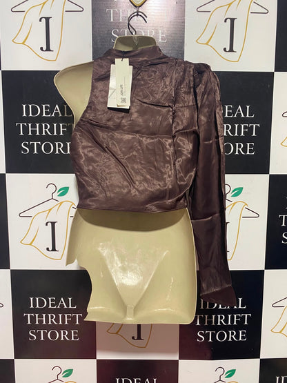 ZARA |S| BUST 16| A11| ONE-SHOULDER SATIN CROP TOP - CHOCOLATE BROWN