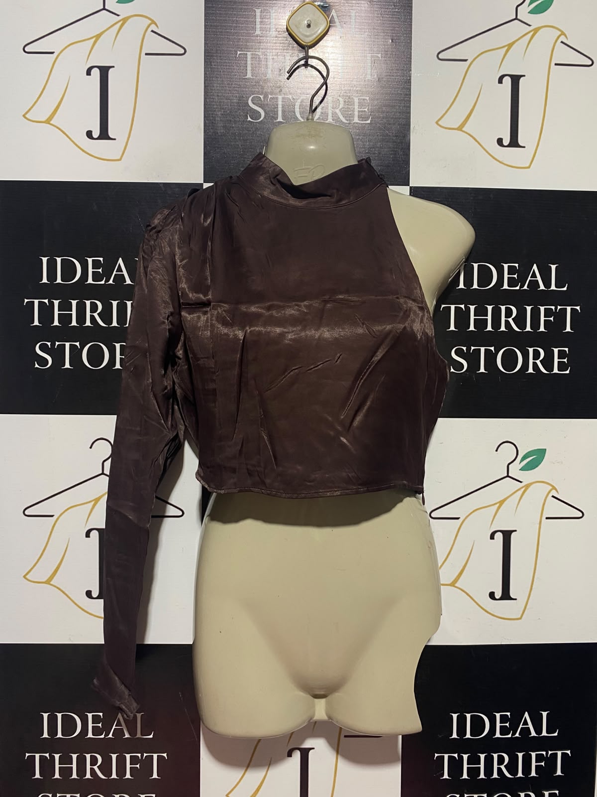 ZARA |S| BUST 16| A11| ONE-SHOULDER SATIN CROP TOP - CHOCOLATE BROWN