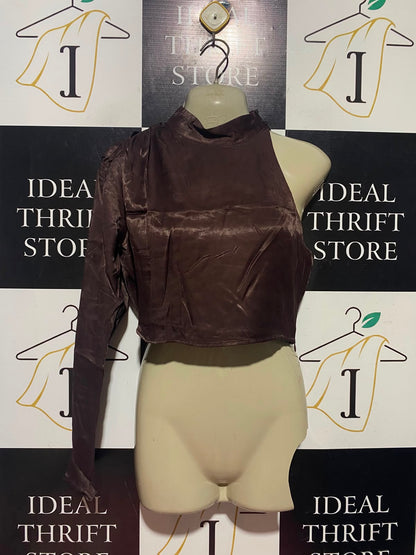 ZARA |S| BUST 16| A11| ONE-SHOULDER SATIN CROP TOP - CHOCOLATE BROWN