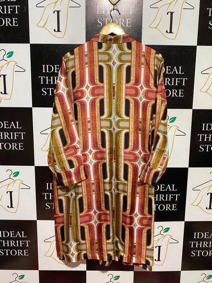 |XXL| BUST 26| A11| RETRO GEOMETRIC PRINT LONG SLEEVE BUTTON-DOWN SHIRT DRESS - MULTICOLOR