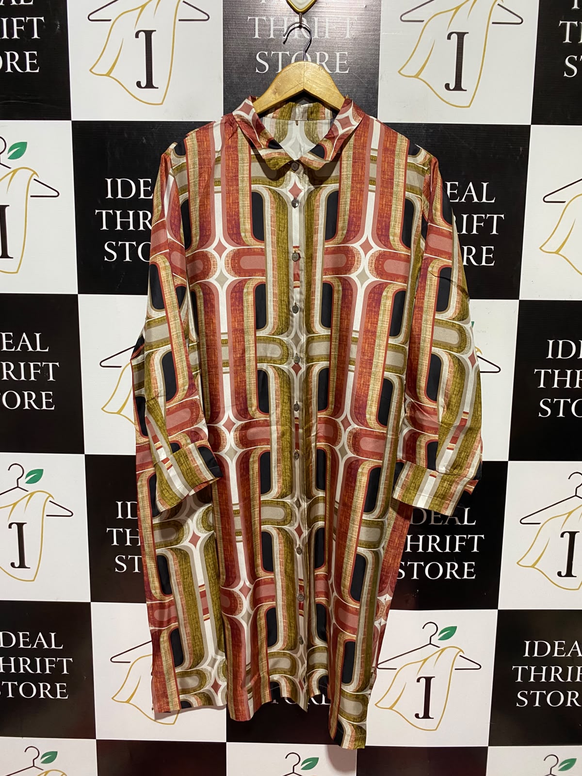 |XXL| BUST 26| A11| RETRO GEOMETRIC PRINT LONG SLEEVE BUTTON-DOWN SHIRT DRESS - MULTICOLOR