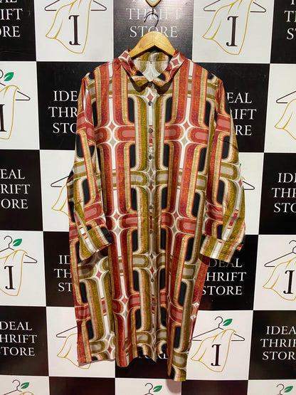 |XXL| BUST 26| A11| RETRO GEOMETRIC PRINT LONG SLEEVE BUTTON-DOWN SHIRT DRESS - MULTICOLOR