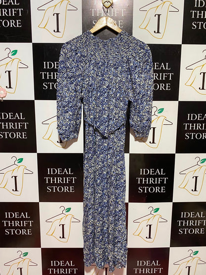 TU WOMAN |M| BUST 18| A11| FLORAL PRINT SMOCKED BUTTON-DOWN MAXI DRESS - BLUE & WHITE