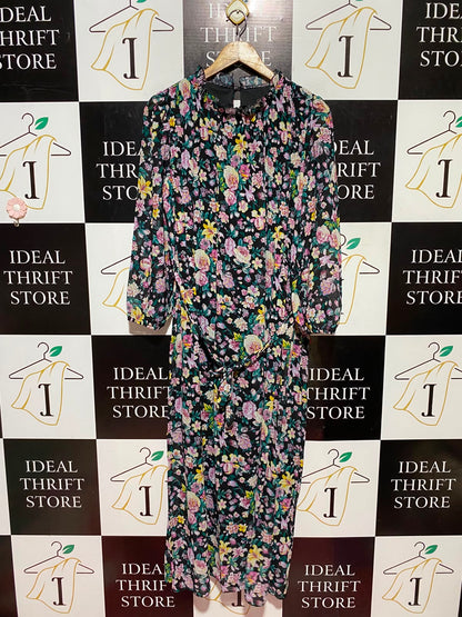 |L| BUST 19| A11| FLORAL PRINT HIGH-NECK TIE-WAIST MIDI DRESS - BLACK MULTI