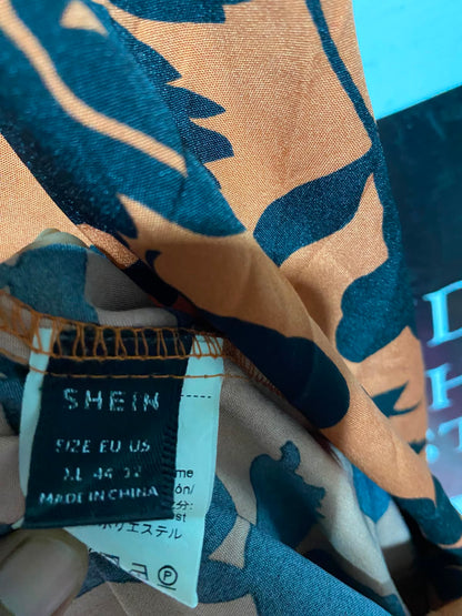 SHEIN |XL| BUST 21| A11| FLORAL PRINT SURPLICE V-NECK SHORT SLEEVE MAXI DRESS - ORANGE & BLACK