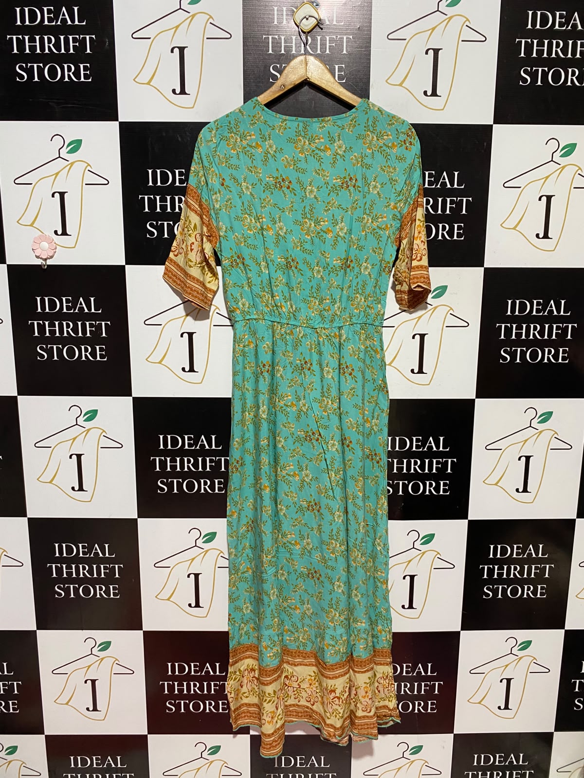 SHEIN |L| BUST 18| A11| BOHEMIAN FLORAL BORDER PRINT SHORT SLEEVE MAXI DRESS - TEAL / TURQUOISE