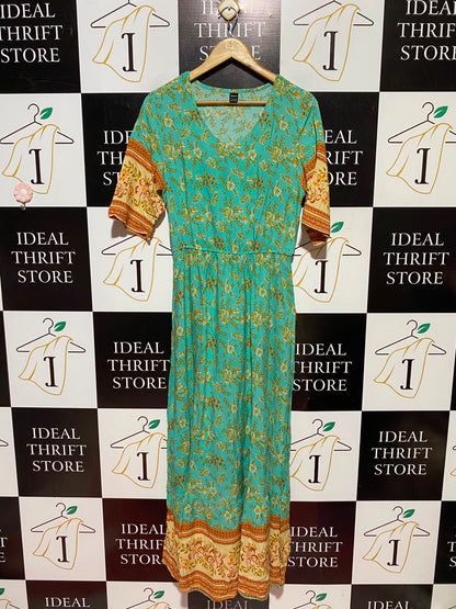 SHEIN |L| BUST 18| A11| BOHEMIAN FLORAL BORDER PRINT SHORT SLEEVE MAXI DRESS - TEAL / TURQUOISE