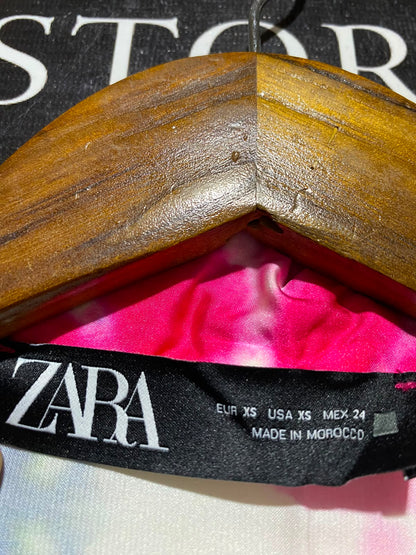 ZARA |XS| BUST 19| A11| VIBRANT TIE-DYE ABSTRACT SATIN BELTED SHIRT - PINK & BLUE