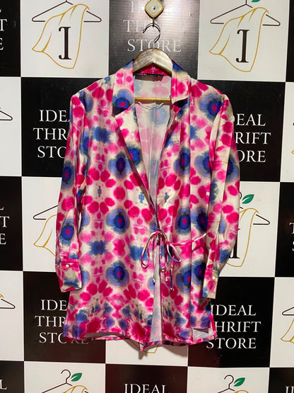 ZARA |XS| BUST 19| A11| VIBRANT TIE-DYE ABSTRACT SATIN BELTED SHIRT - PINK & BLUE