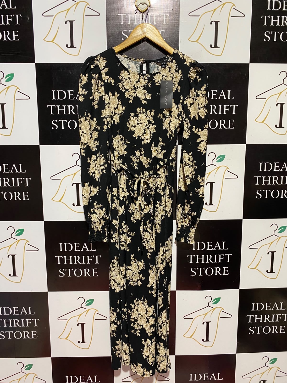 NEW LOOK |M| BUST 12| A11| VINTAGE FLORAL PRINT TIE-WAIST MAXI DRESS - BLACK & GOLD