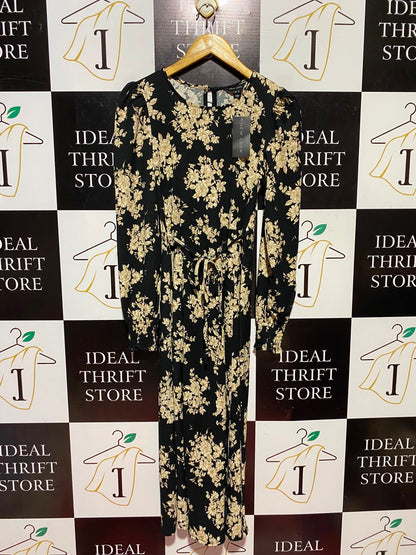 NEW LOOK |M| BUST 12| A11| VINTAGE FLORAL PRINT TIE-WAIST MAXI DRESS - BLACK & GOLD
