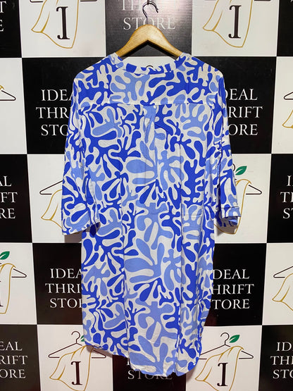 BELOVED |L| BUST 22| A11| ABSTRACT CORAL PRINT HENLEY TUNIC SHIRT - BLUE & WHITE