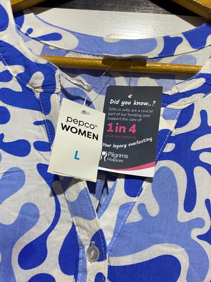 BELOVED |L| BUST 22| A11| ABSTRACT CORAL PRINT HENLEY TUNIC SHIRT - BLUE & WHITE