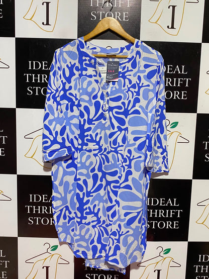 BELOVED |L| BUST 22| A11| ABSTRACT CORAL PRINT HENLEY TUNIC SHIRT - BLUE & WHITE