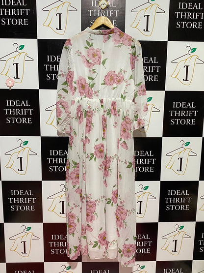SHEIN CURVE |XL| BUST 18| A11| ROMANTIC FLORAL TIE-NECK CHIFFON MAXI DRESS - WHITE & PINK