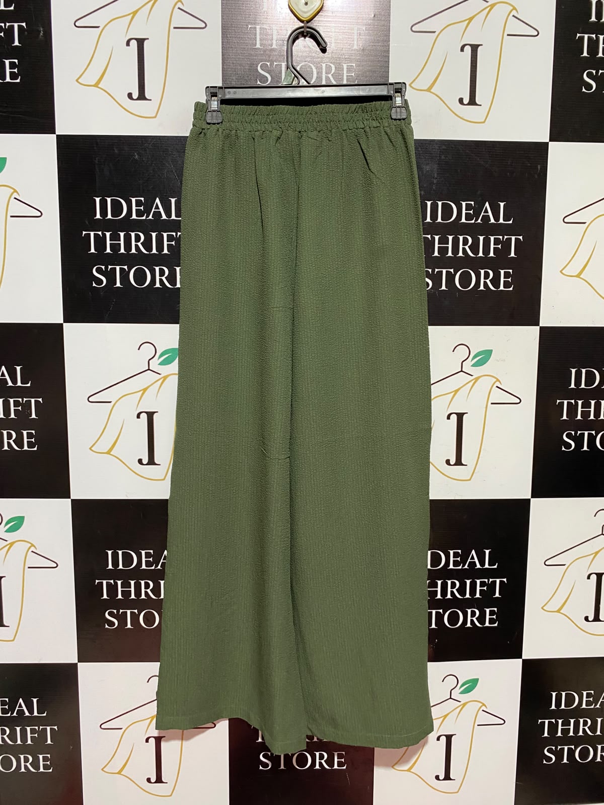 EMERY ROSE |S| WAIST 25| A9| SOLID TEXTURED WIDE-LEG TROUSERS - OLIVE GREEN