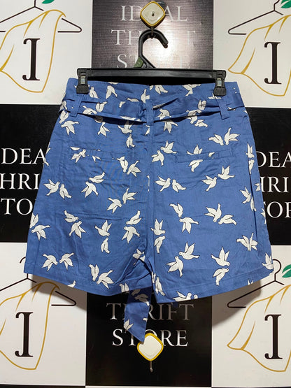 H&M DIVIDED |M| WAIST 28| A9| BIRD PRINT PAPERBAG HIGH-WAIST SHORTS - BLUE & WHITE
