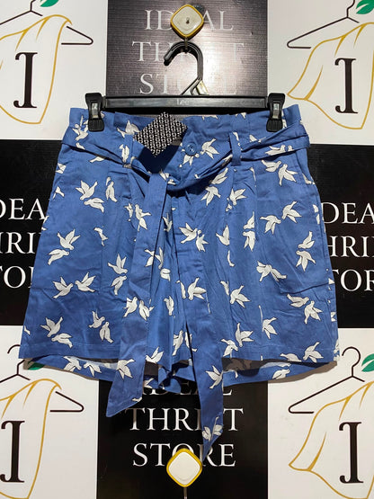 H&M DIVIDED |M| WAIST 28| A9| BIRD PRINT PAPERBAG HIGH-WAIST SHORTS - BLUE & WHITE